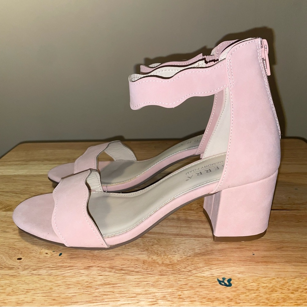 Serra Pink Scalloped Ankle Strap Block Heel Sandals
